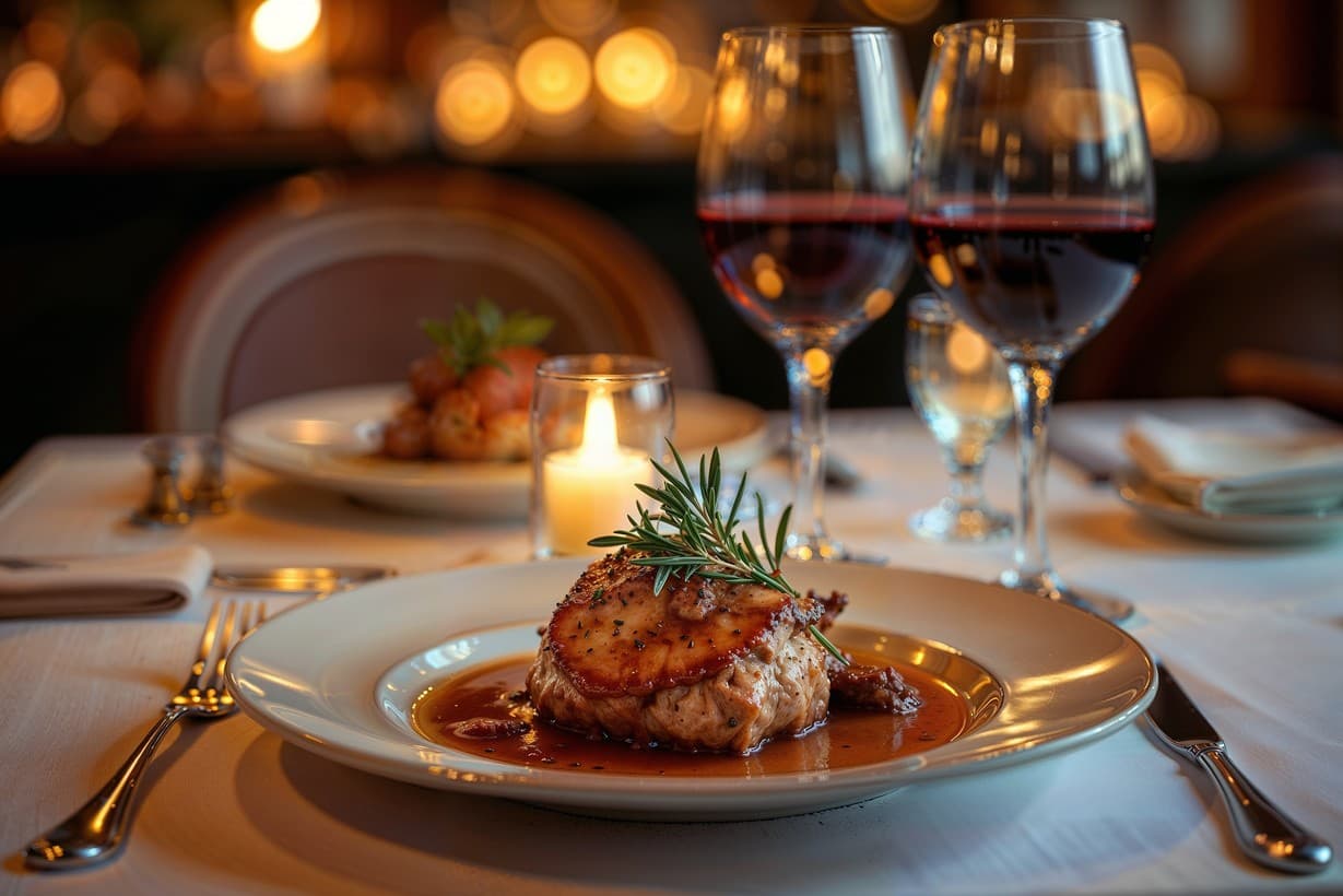 A plated restaurant dish at a candlelit table